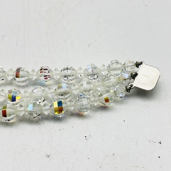 Triple Strand Beaded Bracelet Silver Tone Rhinestone Clasp Sunburst Glam Bling - Picture 3 of 8